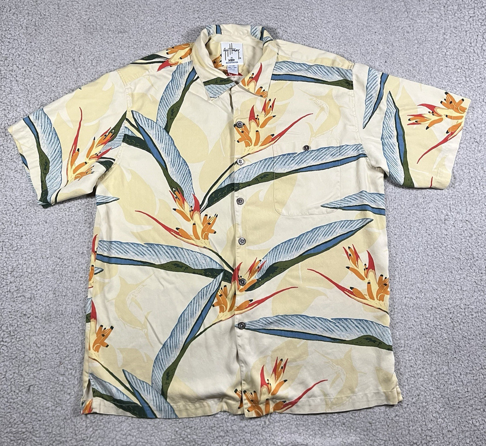 Guy Harvey Aftco Shirt Mens XL Floral Print Hawaiian Short Sleeve Silk Fishing